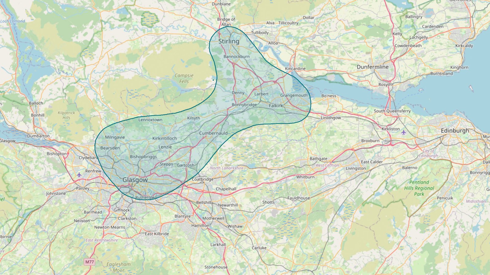 Map showing the Basic Computing in person coverage area across the central belt.